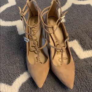 Nude suede pointy strappy shoes